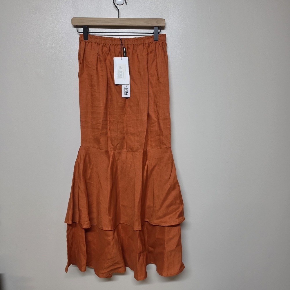 Simply Greta Linen Skirt M Burnt Orange‎ Tiered Midi Boho Elastic Waist NWT